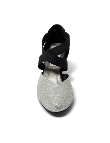 Scarpa da ballo donna ballo da sala liscio latino tango tessuto argento pelle nera elastici memory suola bufalo tacco 50