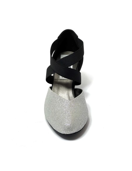 Scarpa da ballo donna ballo da sala liscio latino tango tessuto argento pelle nera elastici memory suola bufalo tacco 50