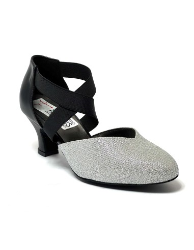 Scarpa da ballo donna ballo da sala liscio latino tango tessuto argento pelle nera elastici memory suola bufalo tacco 50