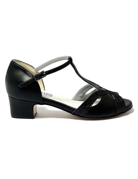 Scarpa da ballo donna latino americano ballo da sala liscio tango pelle nero glitter nero memory suola cuoio tacco 40 largo