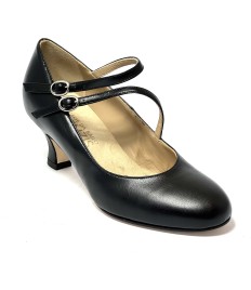 Scarpa da ballo donna ballo da sala liscio latino tango pelle nero doppio cinturino memory suola cuoio pomiciato tacco 50