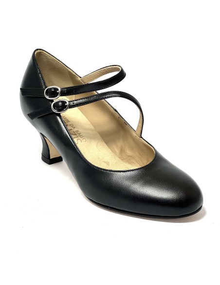 Scarpa da ballo donna ballo da sala liscio latino tango pelle nero doppio cinturino memory suola cuoio pomiciato tacco 50