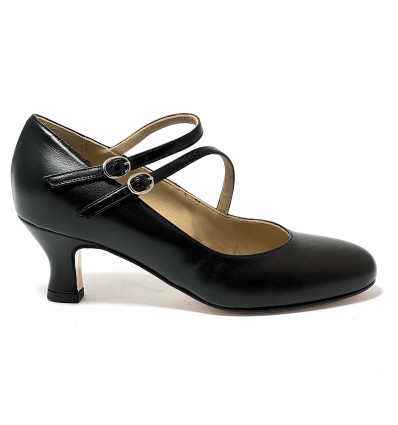 Scarpa da ballo donna ballo da sala liscio latino tango pelle nero doppio cinturino memory suola cuoio pomiciato tacco 50