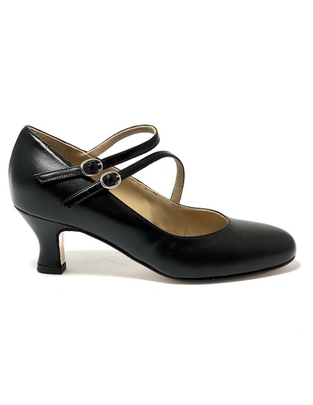 Scarpa da ballo donna ballo da sala liscio latino tango pelle nero doppio cinturino memory suola cuoio pomiciato tacco 50