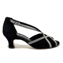 Scarpa da ballo donna latino americano ballo da sala liscio tango memory camoscio nero tessuto galassia suola cuoio tacco 50