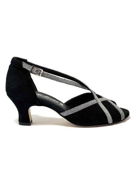 Scarpa da ballo donna latino americano ballo da sala liscio tango memory camoscio nero tessuto galassia suola cuoio tacco 50