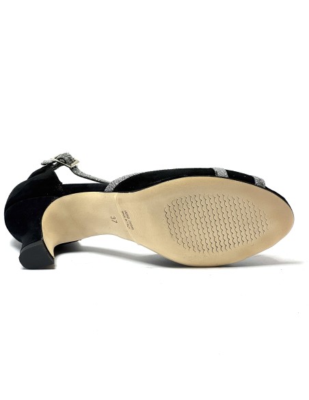 Scarpa da ballo donna latino americano ballo da sala liscio tango memory camoscio nero tessuto galassia suola cuoio tacco 50