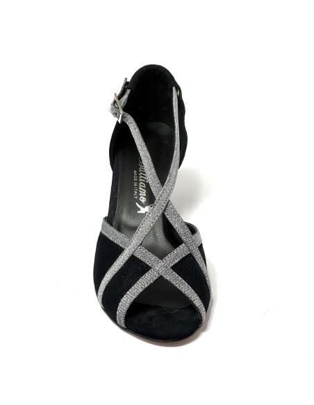 Scarpa da ballo donna latino americano ballo da sala liscio tango memory camoscio nero tessuto galassia suola cuoio tacco 50