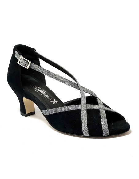 Scarpa da ballo donna latino americano ballo da sala liscio tango memory camoscio nero tessuto galassia suola cuoio tacco 50