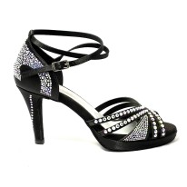 Scarpa da ballo donna latino americano ballo da sala liscio plateau raso nero strass boreali suola bufalo tacco 85 stiletto
