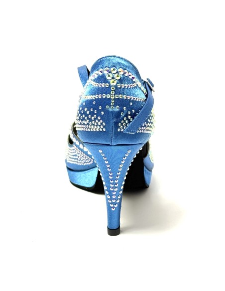 Scarpa da ballo donna latino americano ballo da sala liscio raso blu strass boreali plateau suola bufalo tacco 85 stiletto