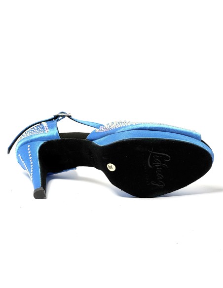 Scarpa da ballo donna latino americano ballo da sala liscio raso blu strass boreali plateau suola bufalo tacco 85 stiletto