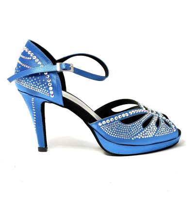 Scarpa da ballo donna latino americano ballo da sala liscio raso blu strass boreali plateau suola bufalo tacco 85 stiletto