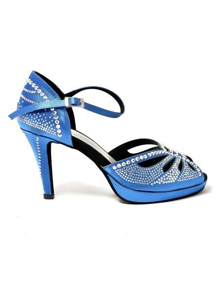 Scarpa da ballo donna latino americano ballo da sala liscio raso blu strass boreali plateau suola bufalo tacco 85 stiletto