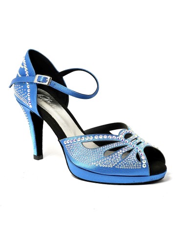 Scarpa da ballo donna latino americano ballo da sala liscio raso blu strass boreali plateau suola bufalo tacco 85 stiletto