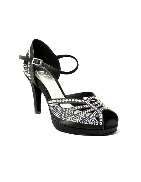 Scarpa da ballo donna latino americano ballo da sala liscio plateau raso nero strass boreali suola bufalo tacco 85 stiletto