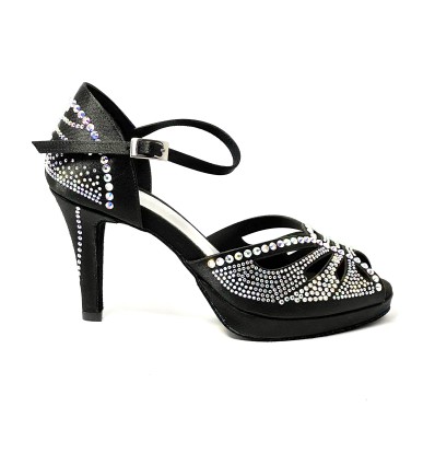 Scarpa da ballo donna latino americano ballo da sala liscio plateau raso nero strass boreali suola bufalo tacco 85 stiletto