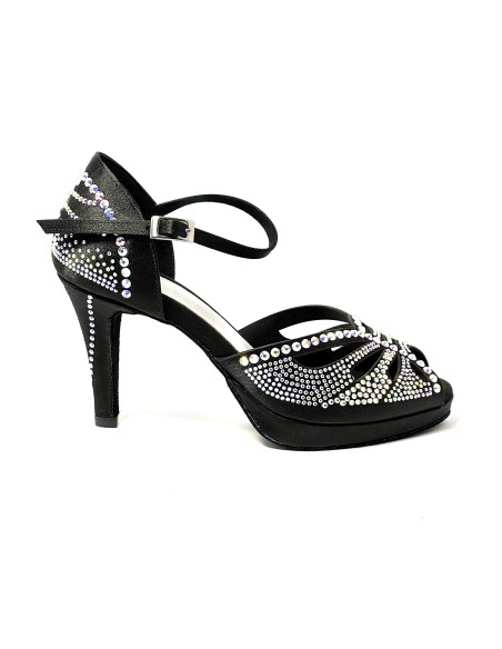 Scarpa da ballo donna latino americano ballo da sala liscio plateau raso nero strass boreali suola bufalo tacco 85 stiletto