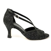 Scarpa da ballo donna latino americano ballo da sala liscio nabuk nero e pelle nera suola cuoio pomiciato tacco 70 rocchetto