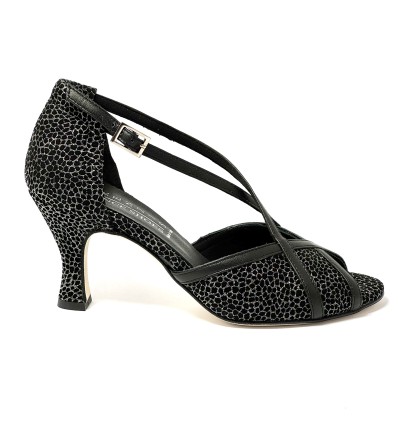 Scarpa da ballo donna latino americano ballo da sala liscio nabuk nero e pelle nera suola cuoio pomiciato tacco 70 rocchetto