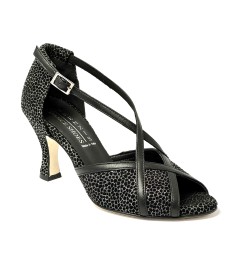 Scarpa da ballo donna latino americano ballo da sala liscio nabuk nero e pelle nera suola cuoio pomiciato tacco 70 rocchetto