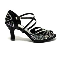 Scarpa da ballo donna latino americano caraibici salsa bachata ballo da sala raso nero strass suola bufalo tacco 70 rocchetto