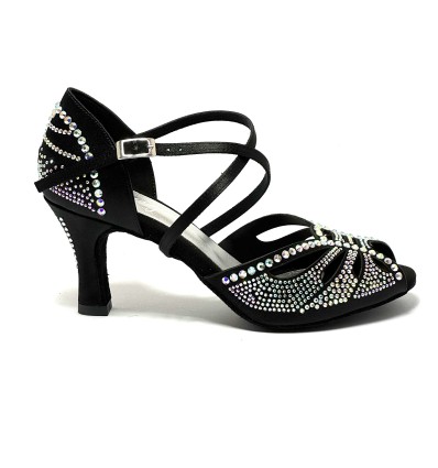 Scarpa da ballo donna latino americano caraibici salsa bachata ballo da sala raso nero strass suola bufalo tacco 70 rocchetto