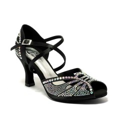 Scarpa da ballo donna latino americano caraibici salsa bachata ballo da sala raso nero strass suola bufalo tacco 70 rocchetto