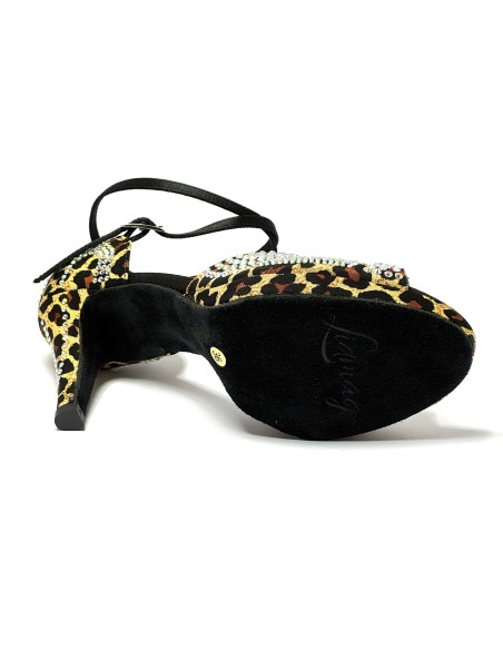 Scarpa da ballo donna latino salsa bachata ballo da sala tango plateau raso leopardo beige strass suola bufalo tacco 85