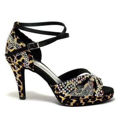 Scarpa da ballo donna latino salsa bachata ballo da sala tango plateau raso leopardo beige strass suola bufalo tacco 85