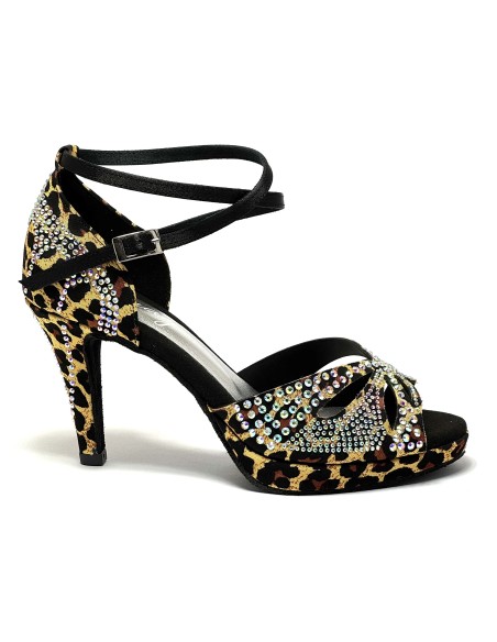 Scarpa da ballo donna latino salsa bachata ballo da sala tango plateau raso leopardo beige strass suola bufalo tacco 85