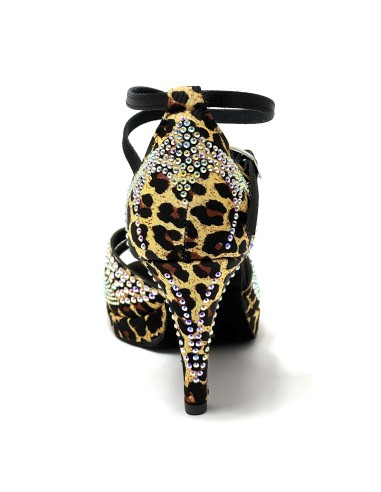 Scarpa da ballo donna latino salsa bachata ballo da sala tango plateau raso leopardo beige strass suola bufalo tacco 85