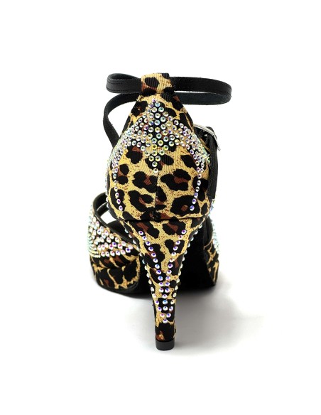 Scarpa da ballo donna latino salsa bachata ballo da sala tango plateau raso leopardo beige strass suola bufalo tacco 85