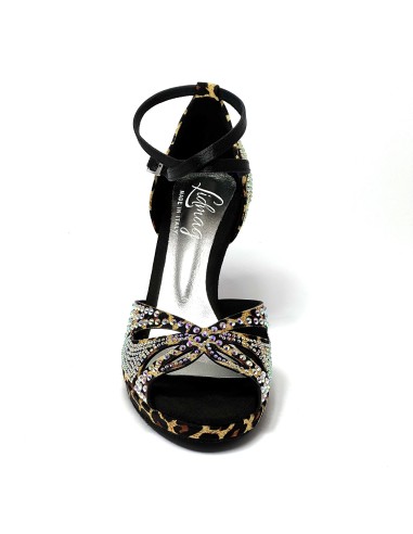 Scarpa da ballo donna latino salsa bachata ballo da sala tango plateau raso leopardo beige strass suola bufalo tacco 85