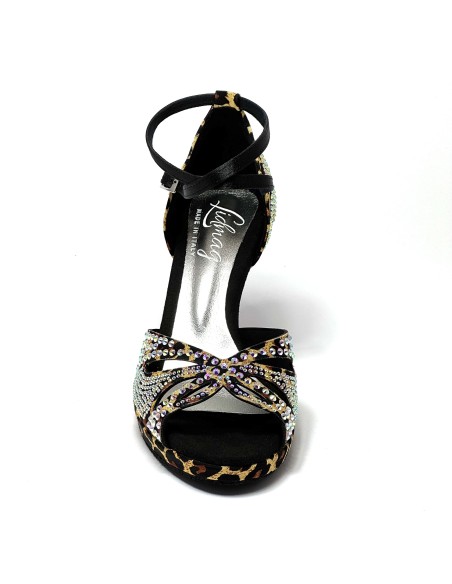 Scarpa da ballo donna latino salsa bachata ballo da sala tango plateau raso leopardo beige strass suola bufalo tacco 85