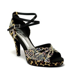 Scarpa da ballo donna latino salsa bachata ballo da sala tango plateau raso leopardo beige strass suola bufalo tacco 85