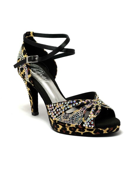 Scarpa da ballo donna latino salsa bachata ballo da sala tango plateau raso leopardo beige strass suola bufalo tacco 85