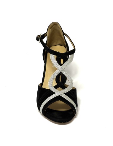 Scarpe da ballo donna latino americano balli caraibici ballo da sala tango camoscio nero glitter argento suola cuoio tacco 50