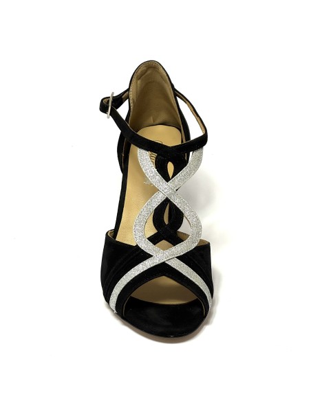 Scarpe da ballo donna latino americano balli caraibici ballo da sala tango camoscio nero glitter argento suola cuoio tacco 50