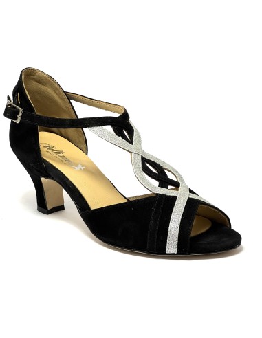 Scarpe da ballo donna latino americano balli caraibici ballo da sala tango camoscio nero glitter argento suola cuoio tacco 50