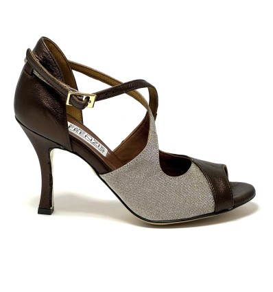 Scarpe da ballo donna tango argentino latino americano ballo da sala pelle bronzo tessuto abbinato suola cuoio tacco 90