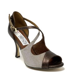 Scarpe da ballo donna tango argentino latino americano ballo da sala pelle bronzo tessuto abbinato suola cuoio tacco 90