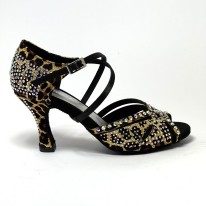 Scarpe da ballo donna latino americano caraibici ballo da sala tango tessuto leopardo beige suola bufalo tacco 80 rocchetto