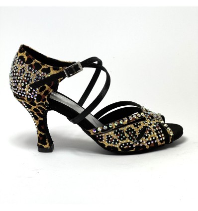 Scarpe da ballo donna latino americano caraibici ballo da sala tango tessuto leopardo beige suola bufalo tacco 80 rocchetto