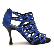 Scarpe da ballo donna latino salsa bachata kizomba tango glitter raso blu suola bufalo tacco 90