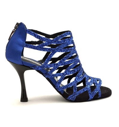Scarpe da ballo donna latino salsa bachata kizomba tango glitter raso blu suola bufalo tacco 90