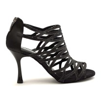 Scarpe da ballo donna salsa bachata kizomba tango articolo PD803 glitter raso nero suola bufalo tacco 90