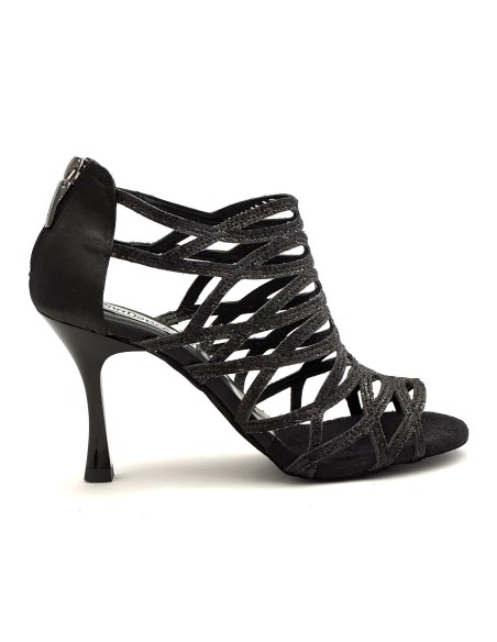Scarpe da ballo donna salsa bachata kizomba tango articolo PD803 glitter raso nero suola bufalo tacco 90