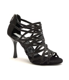 Scarpe da ballo donna salsa bachata kizomba tango articolo PD803 glitter raso nero suola bufalo tacco 90