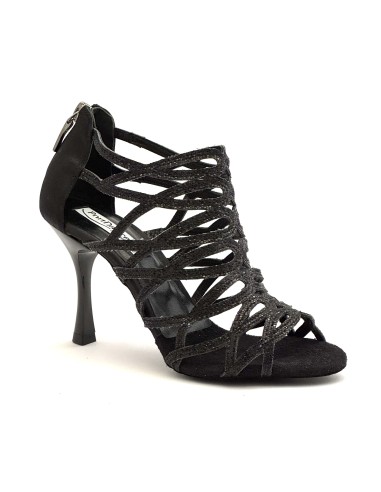 Scarpe da ballo donna salsa bachata kizomba tango articolo PD803 glitter raso nero suola bufalo tacco 90